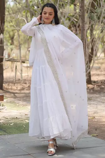 White color embroidered georgette gown with dupatta