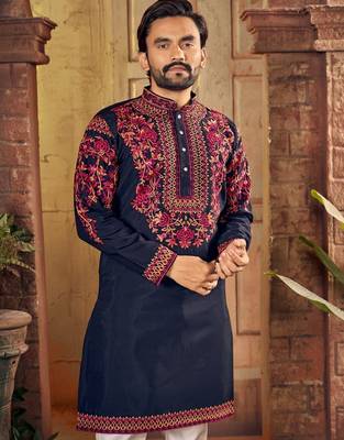 Blue multi thread work silk straight kurta 2