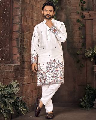 White multi thread work silk straight kurta 1
