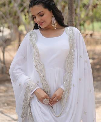 White embroidered georgette gown with dupatta 5