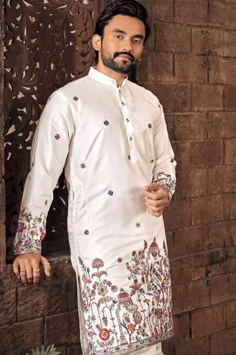 White multi thread work silk straight kurta