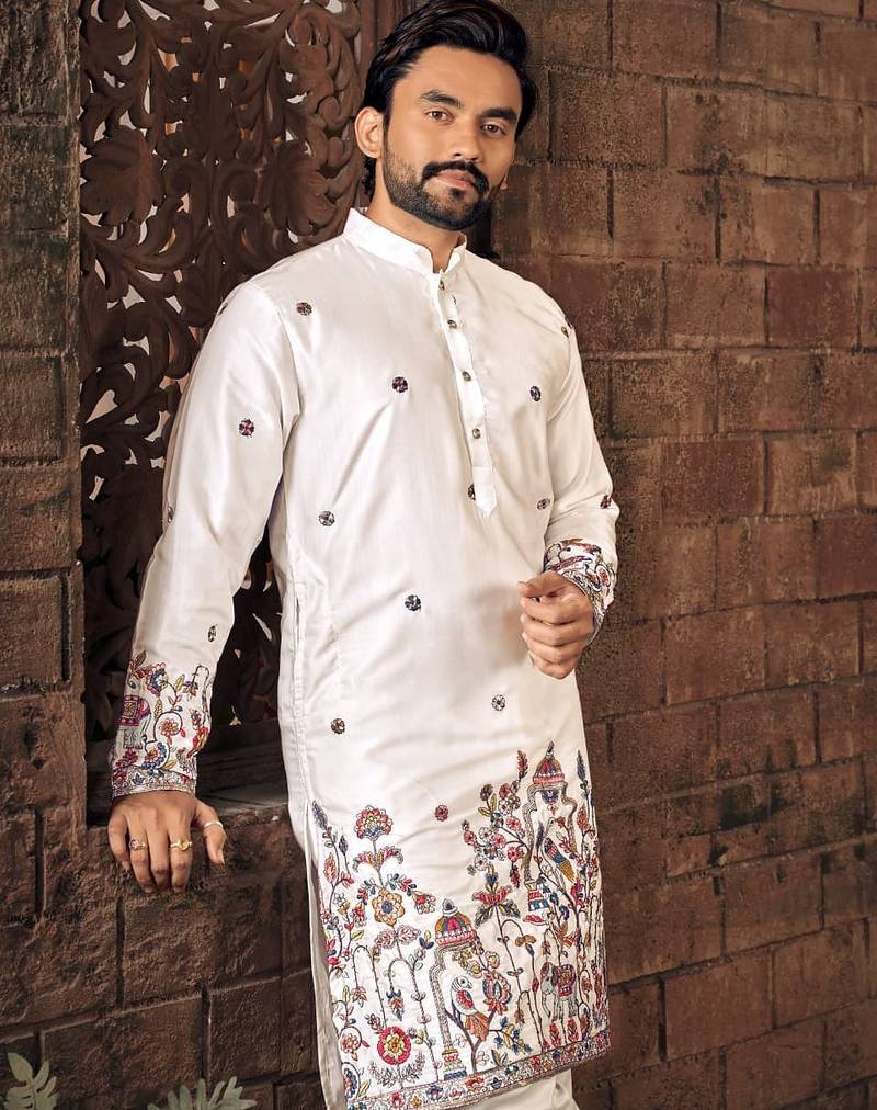 White multi thread work silk straight kurta