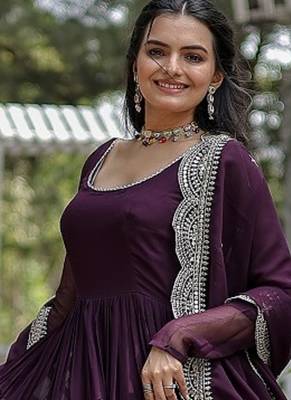 Wine embroidered georgette gown with dupatta 2