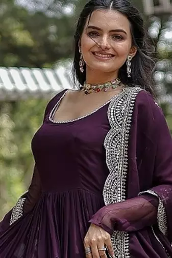 Wine color embroidered georgette gown with dupatta