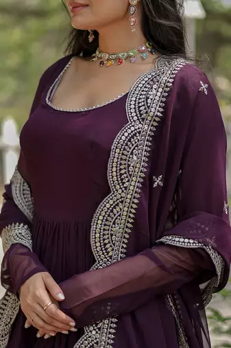 Wine color embroidered georgette gown with dupatta
