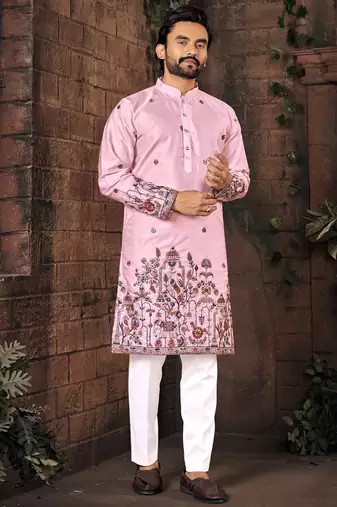 Pink multi thread work silk straight kurta