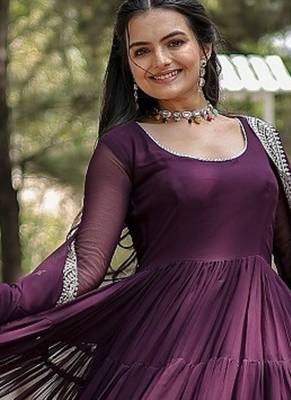 Wine embroidered georgette gown with dupatta 4
