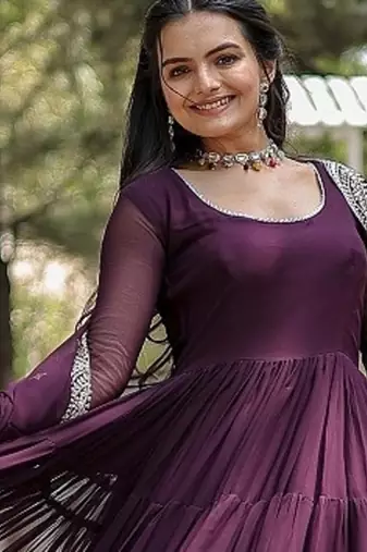 Wine color embroidered georgette gown with dupatta