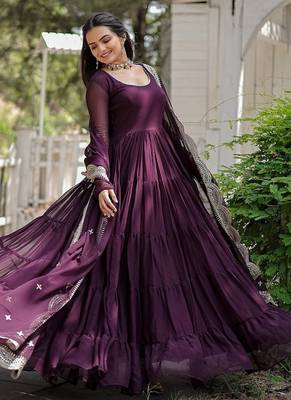 Wine embroidered georgette gown with dupatta 1