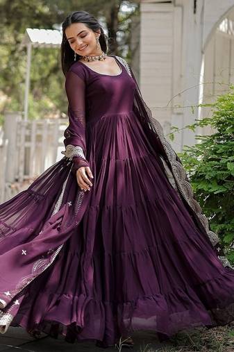 Wine color embroidered georgette gown with dupatta