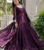 Wine color embroidered georgette gown with dupatta