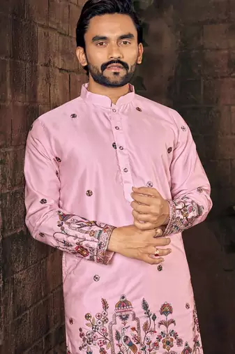 Pink multi thread work silk straight kurta