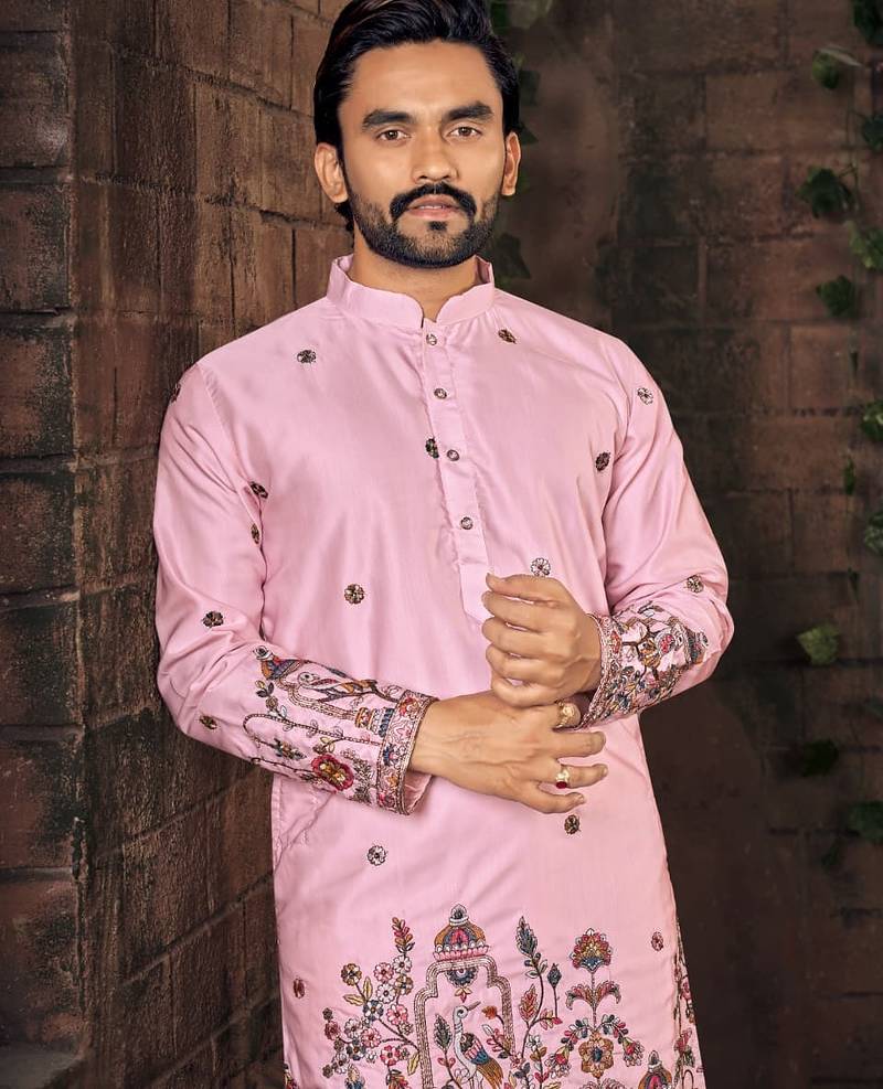 Pink multi thread work silk straight kurta