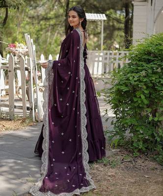 Wine embroidered georgette gown with dupatta 5