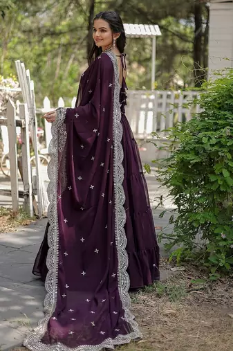 Wine color embroidered georgette gown with dupatta
