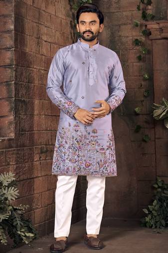 Purple multi thread work silk straight kurta