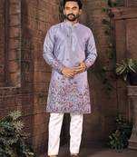 Purple multi thread work silk straight kurta