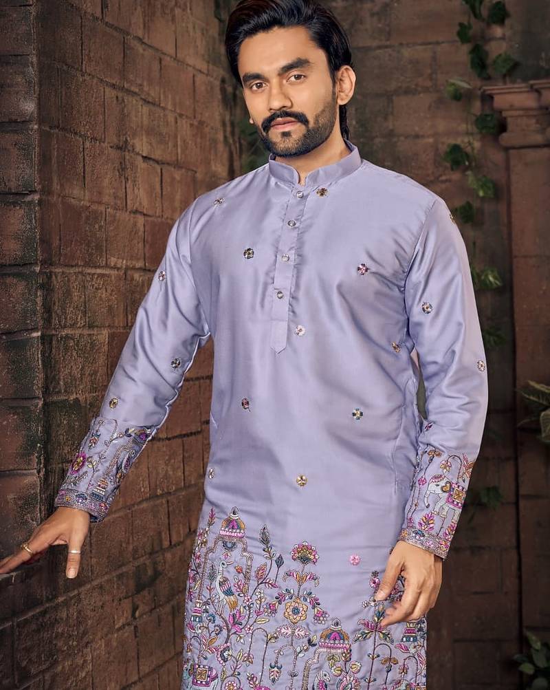 Purple multi thread work silk straight kurta