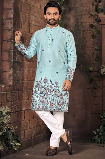 Blue multi thread work silk straight kurta