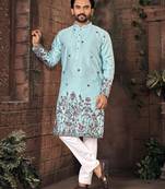 Blue multi thread work silk straight kurta