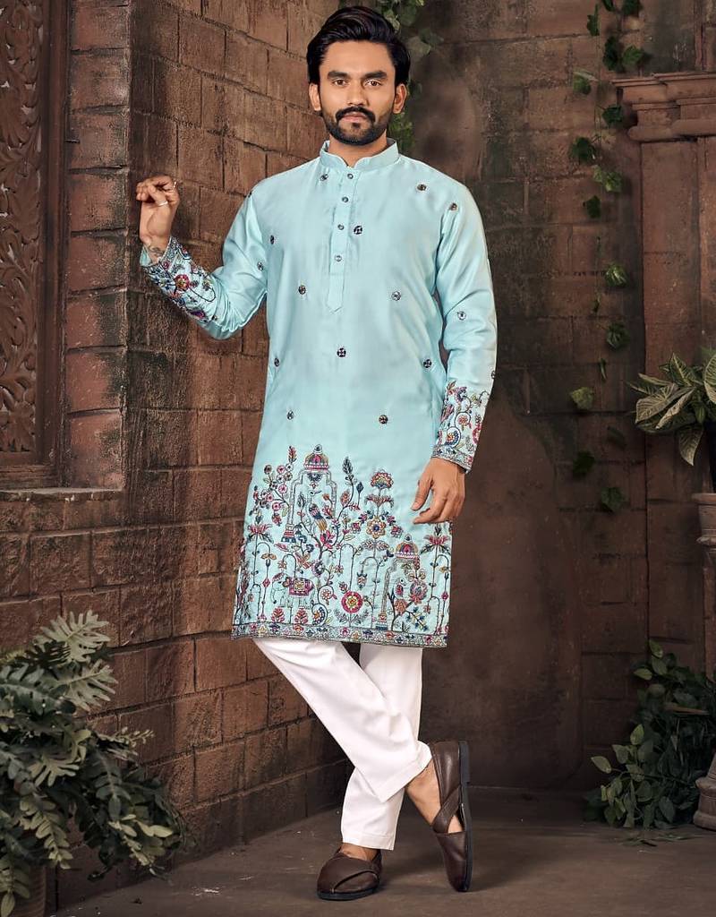 Blue multi thread work silk straight kurta