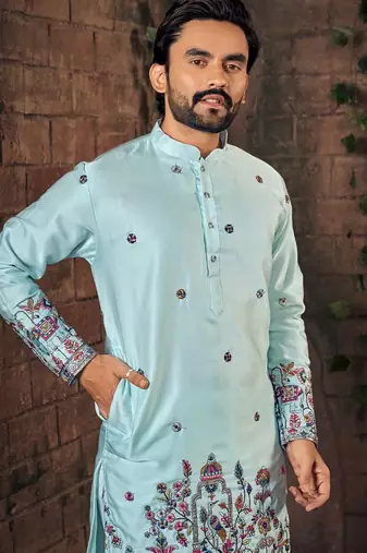 Blue multi thread work silk straight kurta