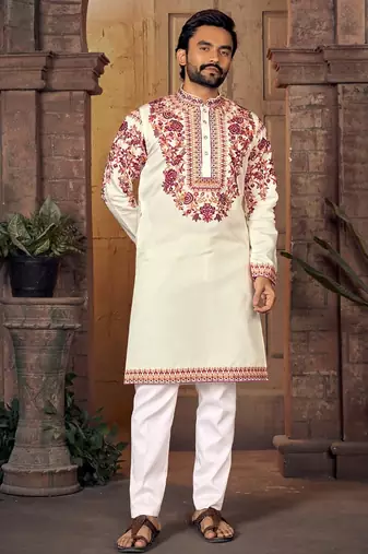 White multi thread work silk straight kurta
