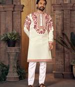 White multi thread work silk straight kurta