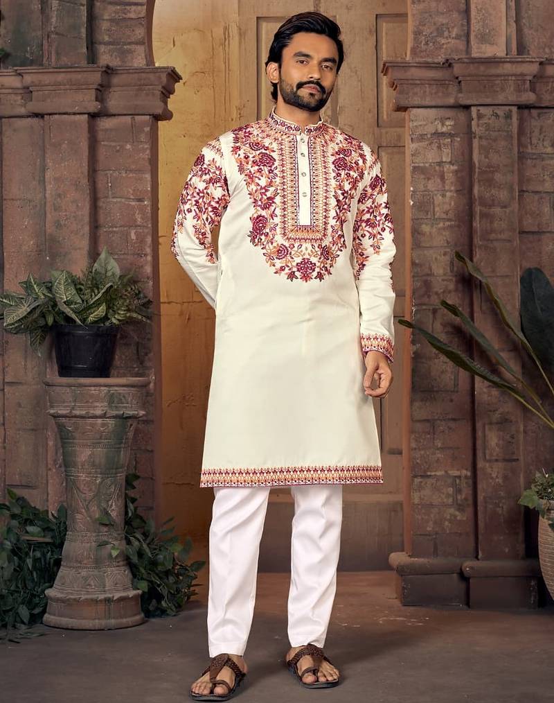 White multi thread work silk straight kurta