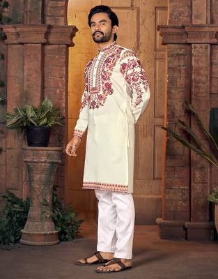 White multi thread work silk straight kurta 2