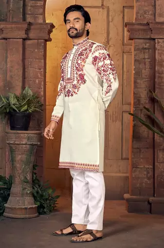 White multi thread work silk straight kurta
