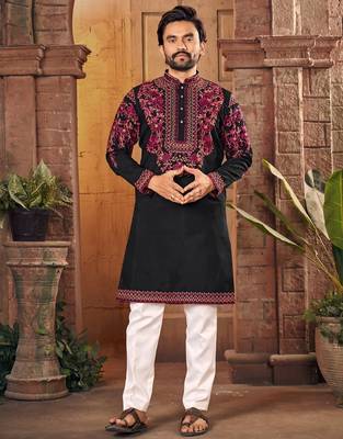 Black multi thread work silk straight kurta 1
