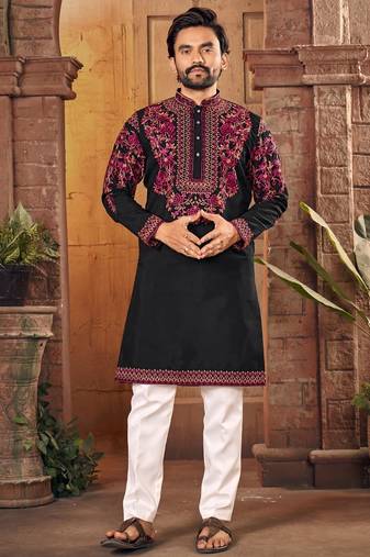 Black multi thread work silk straight kurta