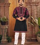 Black multi thread work silk straight kurta