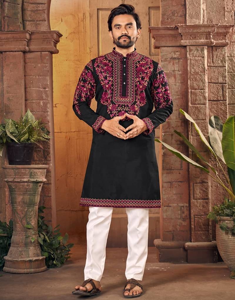 Black multi thread work silk straight kurta
