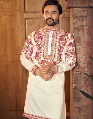 White multi thread work silk straight kurta 3