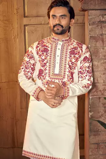 White multi thread work silk straight kurta