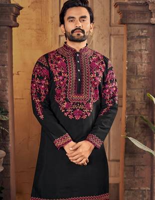 Black multi thread work silk straight kurta 2