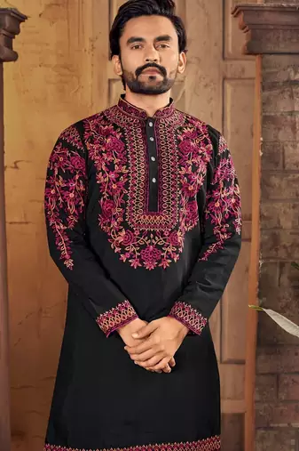 Black multi thread work silk straight kurta