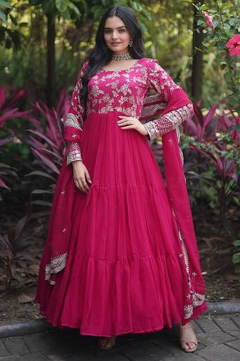 Pink color jacquard sequins work georgette gown with dupatta