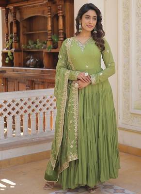 Green embroidered work georgette gown with dupatta 1