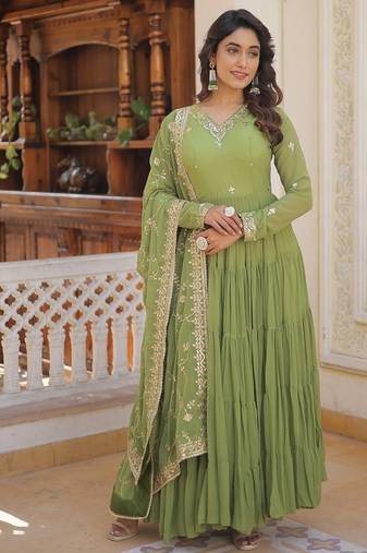 Green color embroidered work georgette gown with dupatta
