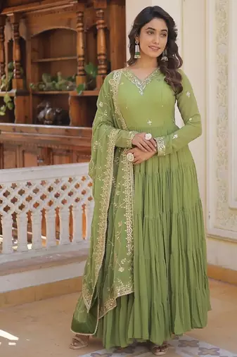 Green color embroidered work georgette gown with dupatta
