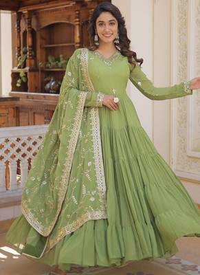 Green embroidered work georgette gown with dupatta 2