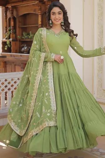 Green color embroidered work georgette gown with dupatta