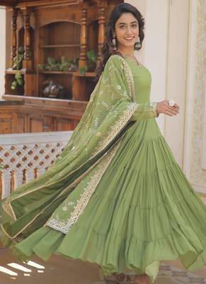 Green embroidered work georgette gown with dupatta 4