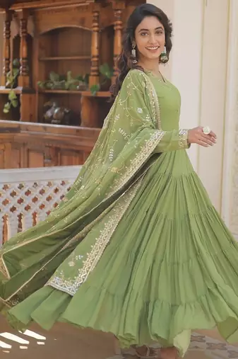 Green color embroidered work georgette gown with dupatta