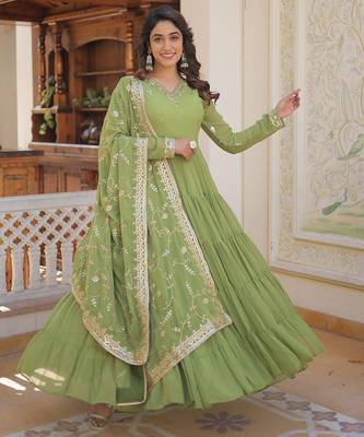 Green embroidered work georgette gown with dupatta 5