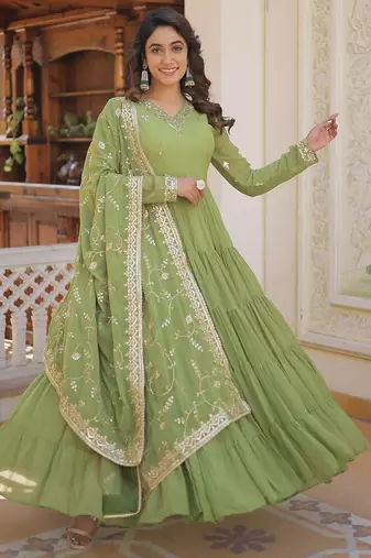 Green color embroidered work georgette gown with dupatta