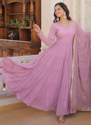 Purple embroidered work georgette gown with dupatta 1